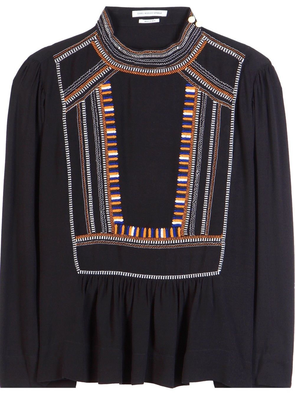 Isabel Marant Black Embroidered High-Neck Blouse with Blue and Orange Accents